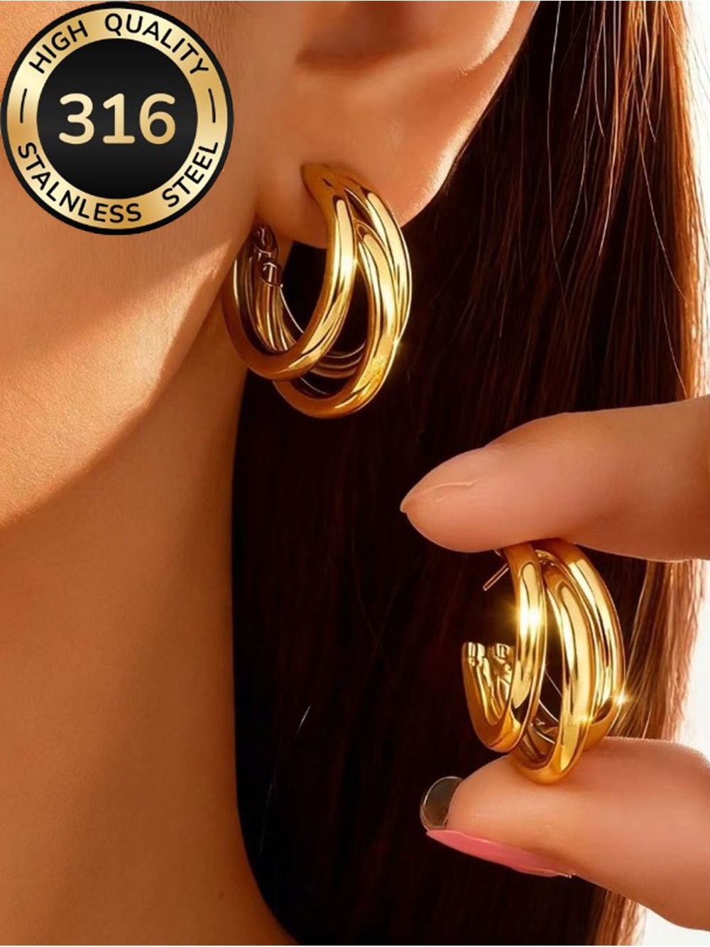Gold Triple Hoop Stainless Steel Earrings - Women Jewelry